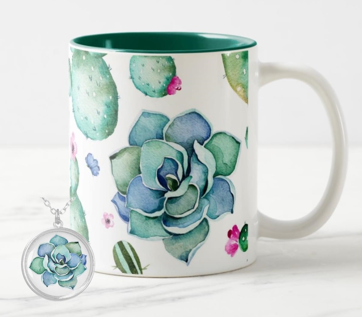 cute mug and pendant are great gifts for succulent lovers