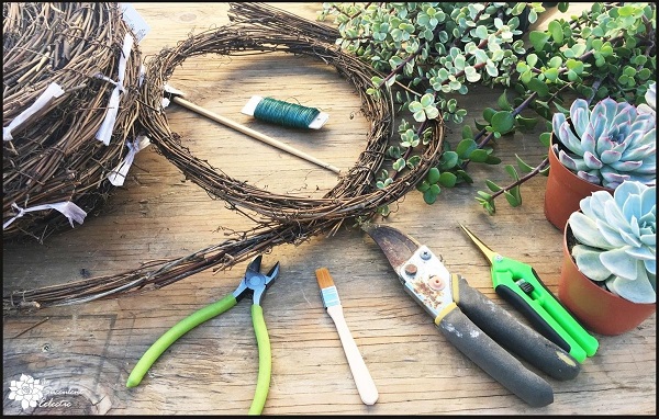 Gather supplies to make a grapevine heart wreath