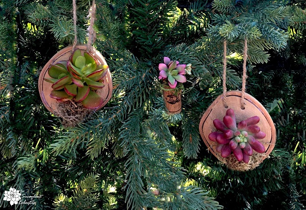 rustic Christmas ornaments hanging on Christmas tree