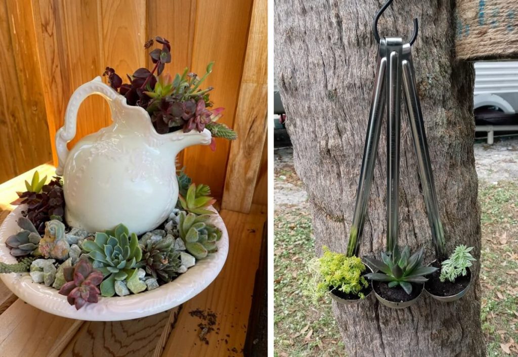 upcycled planters from pitcher and bowl and ladles