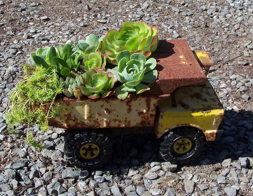 turn an old toy dump truck into an upcycled planter for succulents