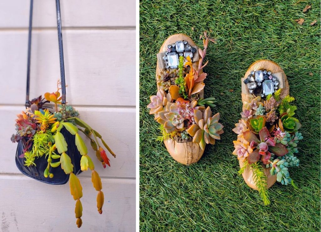 upcycled planters for succulents made from hand bag and ballet shoes
