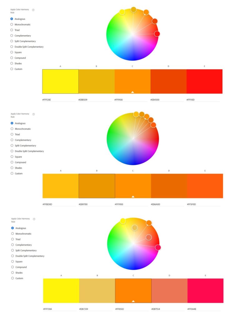 Adobe Color Wheel Tool, demonstrating three different analogous schemes.